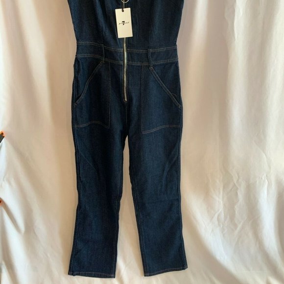7 for all Mankind Deep V Denim Front Zip Overalls NWT Size XS Wilshire $289 - Picture 4 of 11